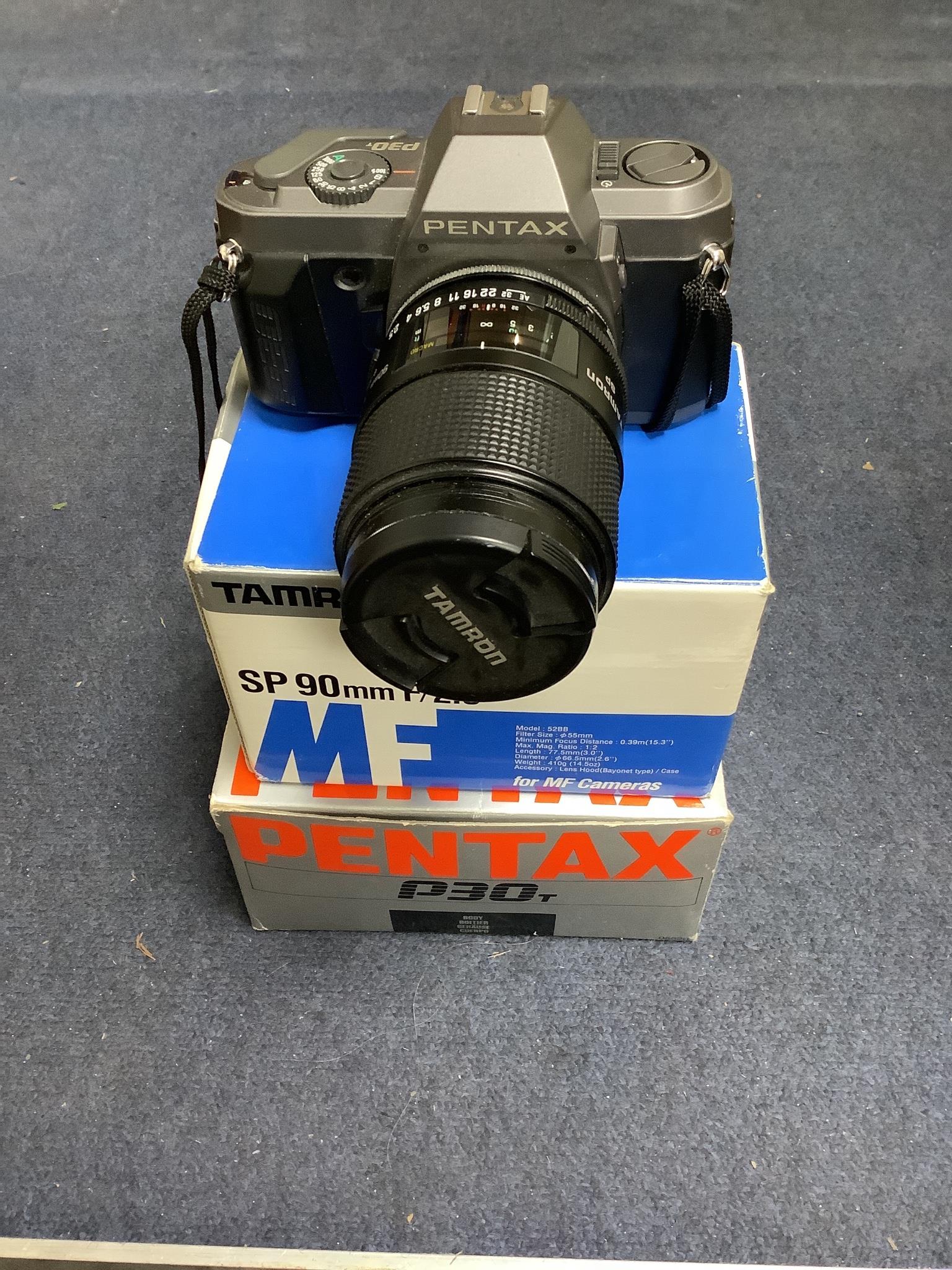 Professional photography equipment including a Pentax P30T SLR camera with Tamron 90mm f/2.5 lens, a pair of Bowens Esprit 1000 lights and a pair of Esprit 500 lights, a pair of Esprit 2 500 lights, various soft boxes, v
